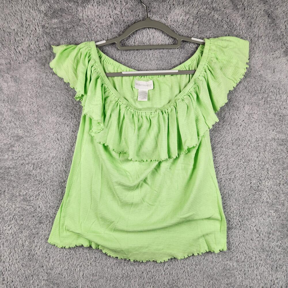 Vintage Soft Surroundings Blouse Womens Small Green Ruffle Off Shoulder Flutter